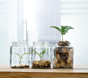 jars lined up with small amount of coins with small plant to full of coins and larger plant.  Grow your money.