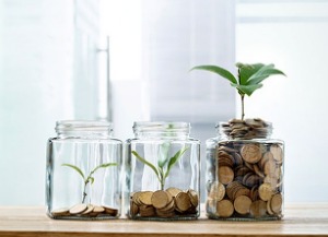 jars lined up with small amount of coins with small plant to full of coins and larger plant.  Grow your money.