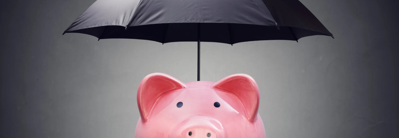 a pink piggy bank under a black umbrella