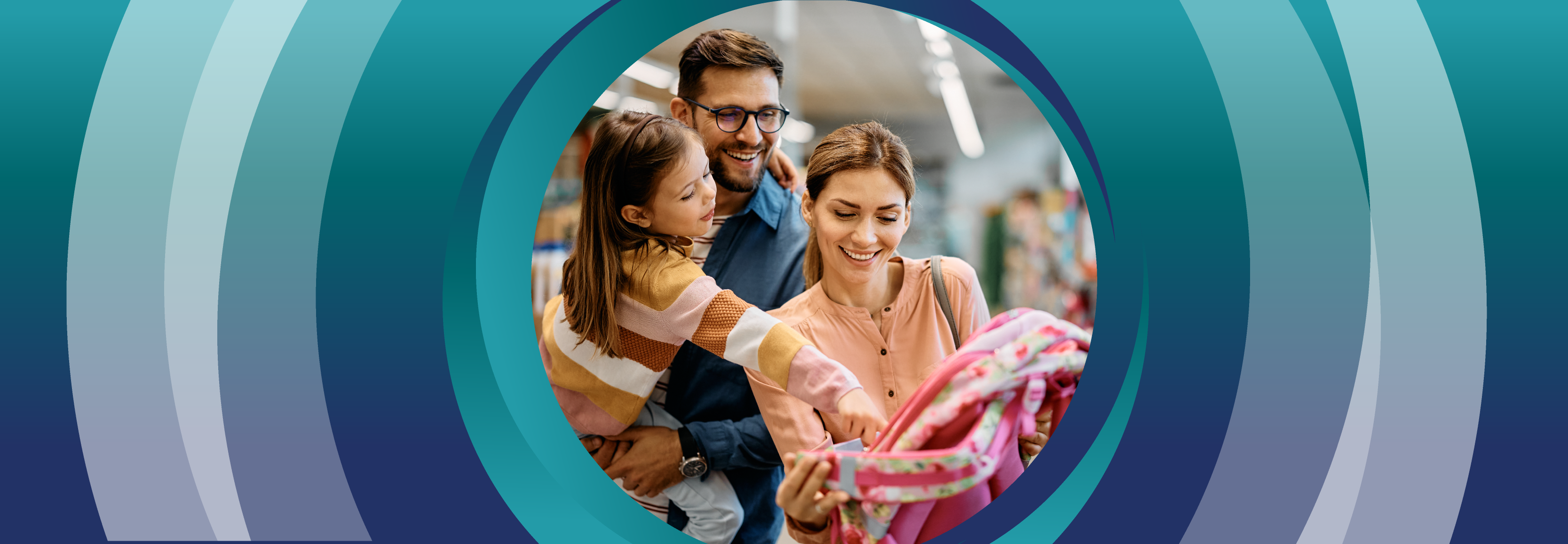 Man, woman, and child looking at back pack.