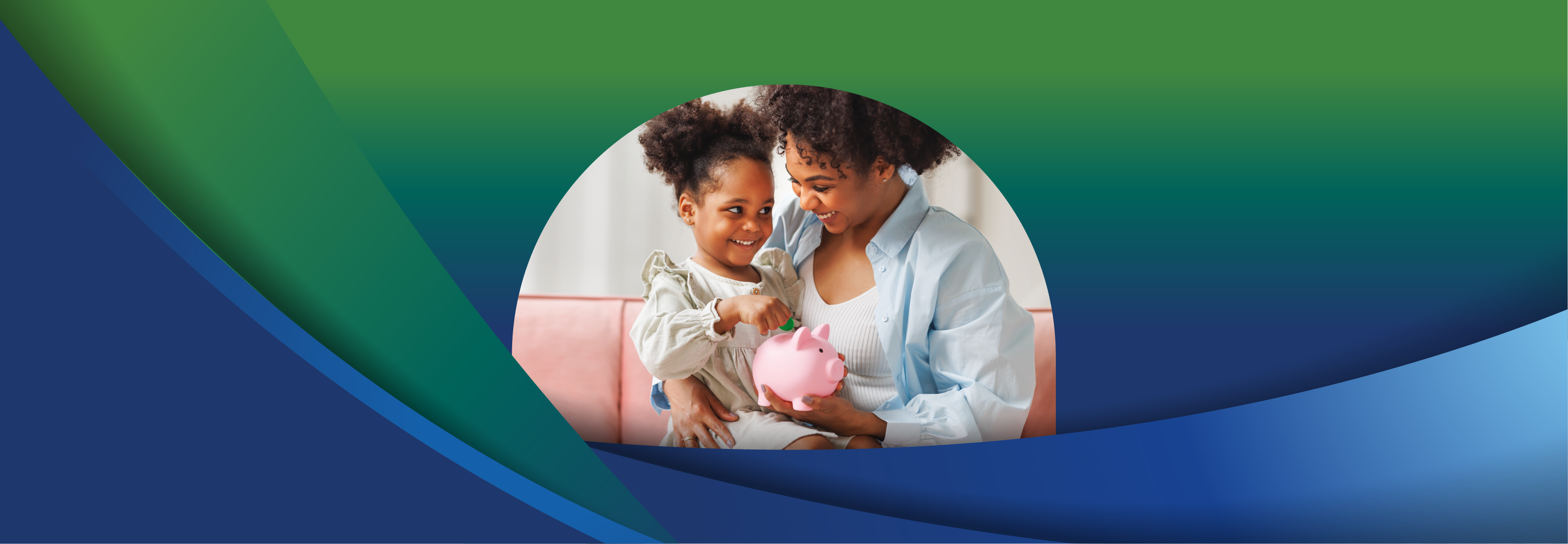 woman and child holding a piggy bank. 